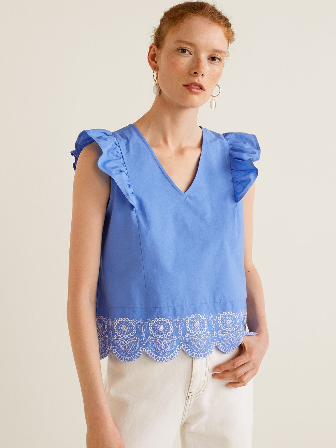 

MANGO Women Blue Solid Pure Cotton Top