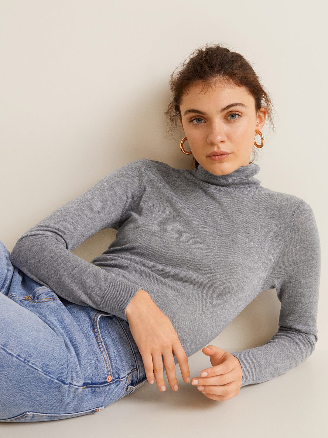 

MANGO Women Grey Melange Solid Pullover