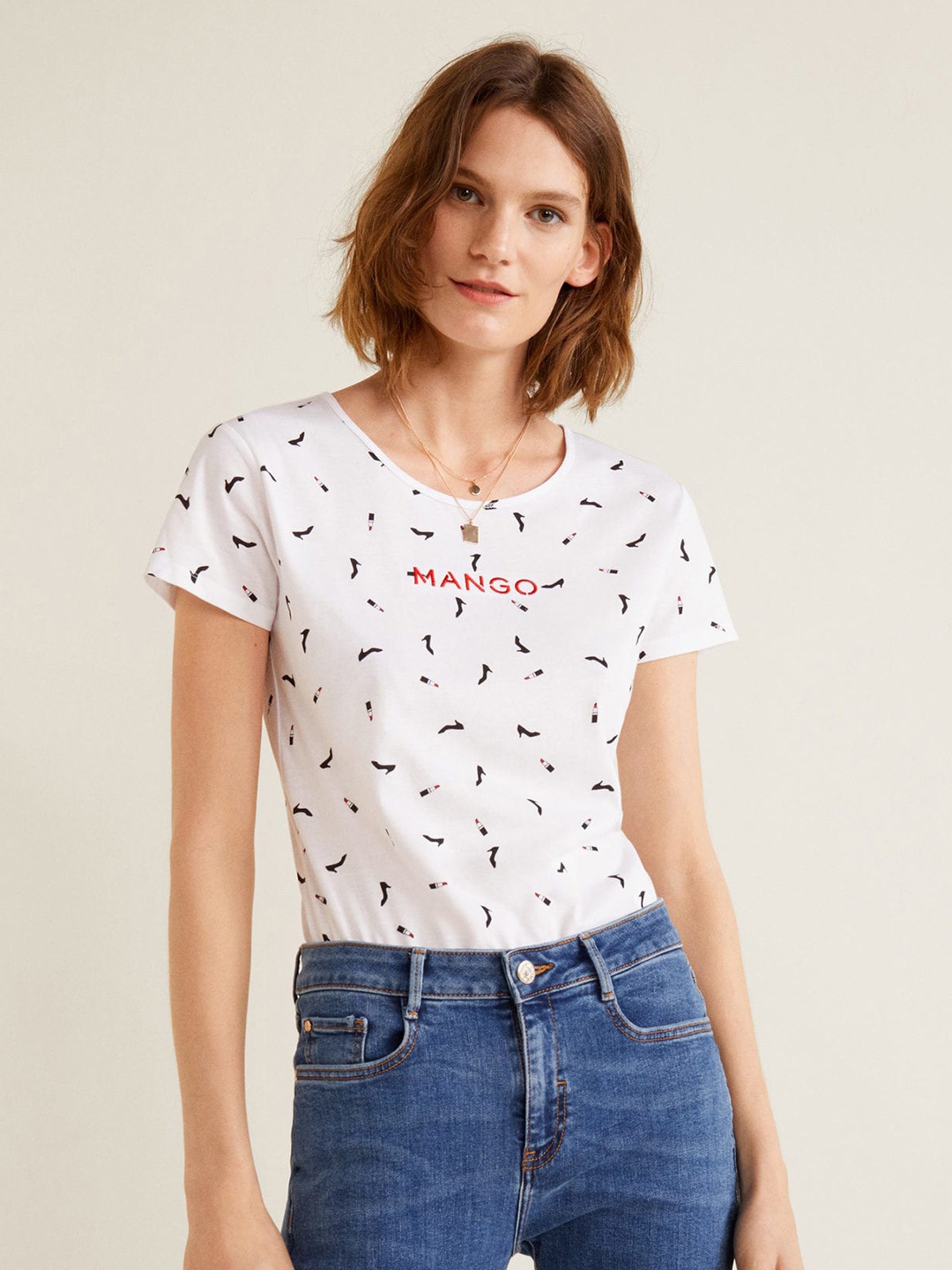 

MANGO Women White Printed Round Neck T-shirt