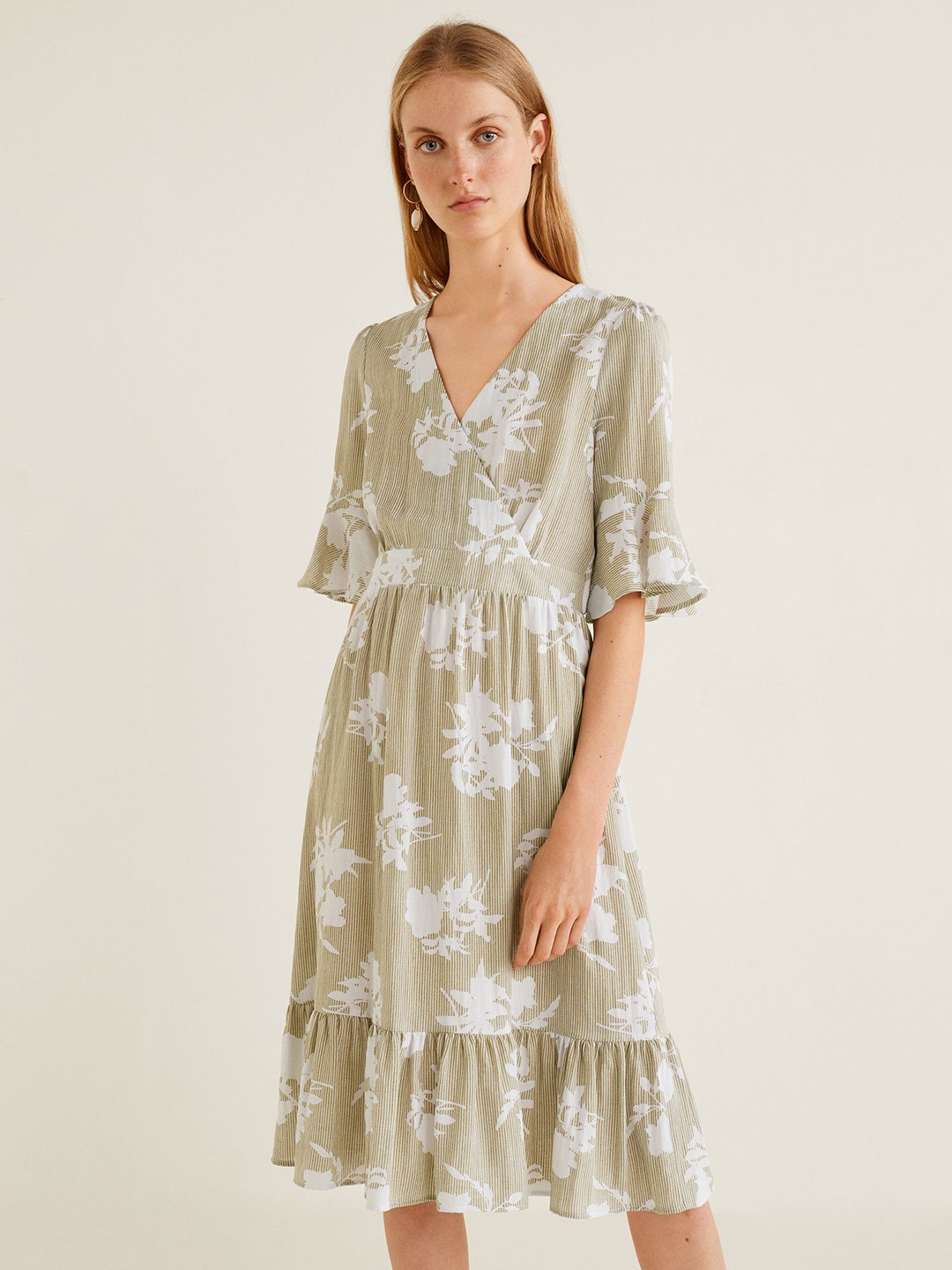 

MANGO Women Green & White Printed Wrap Dress