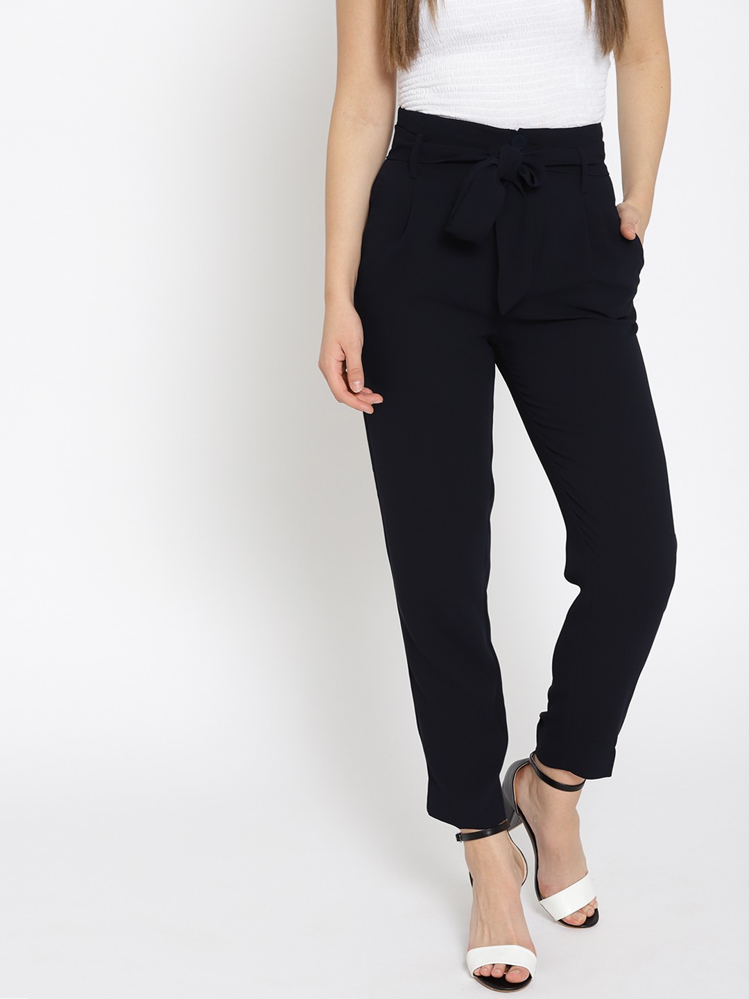 

MANGO Women Navy Blue Solid Regular Trousers