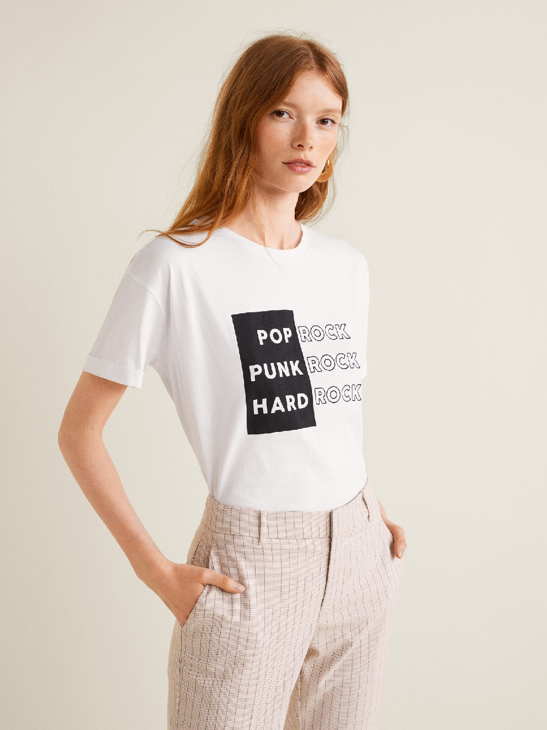

MANGO Women White Black Printed Round Neck Organic Cotton T-shirt