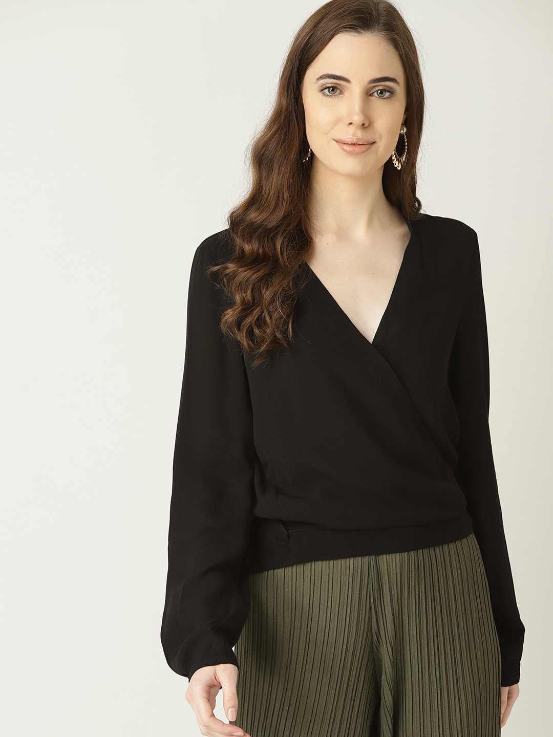 

MANGO Women Black Solid Wrap Top