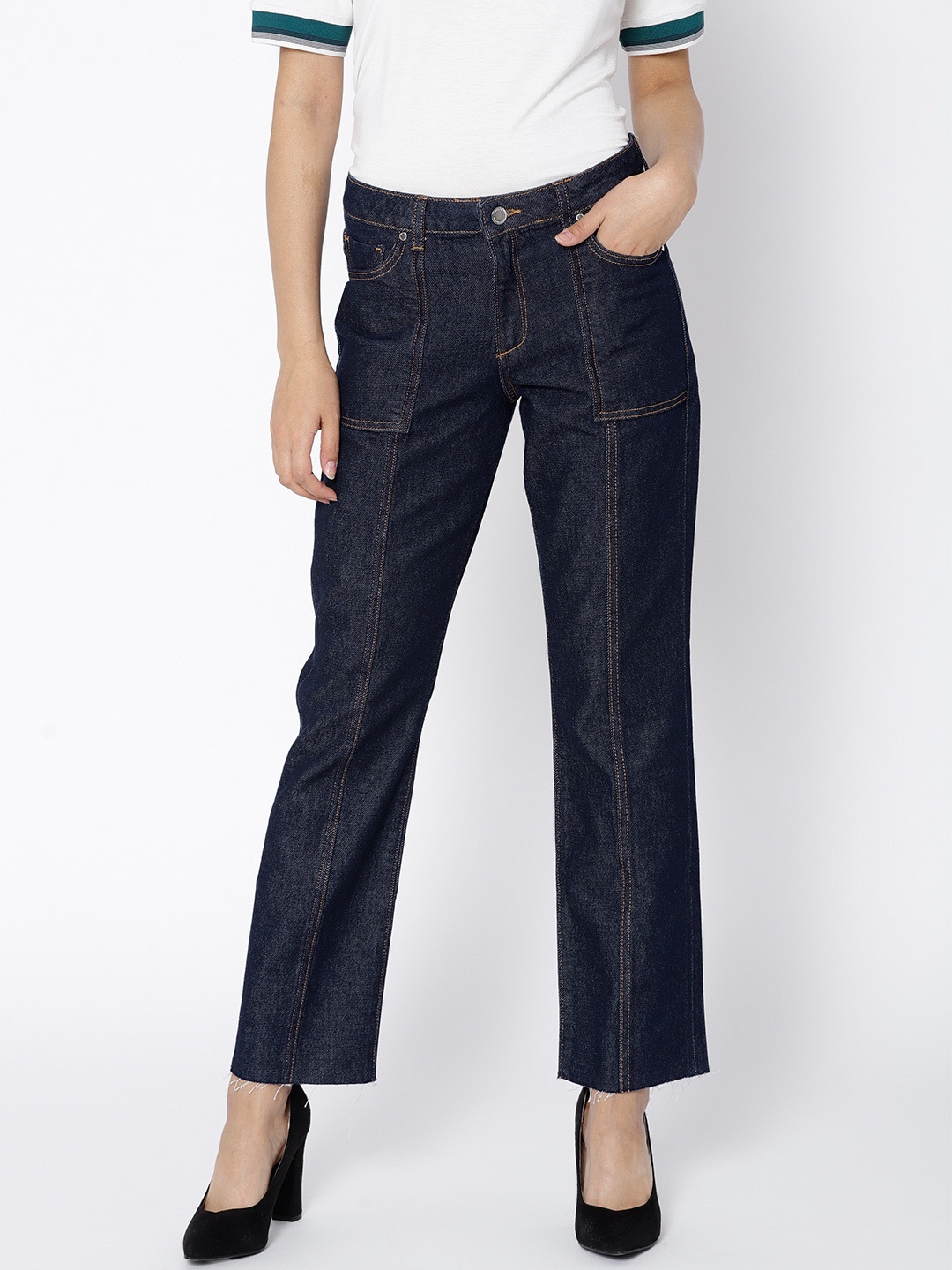 

MANGO Women Navy Blue Flared Mid-Rise Clean Look Cropped Jeans