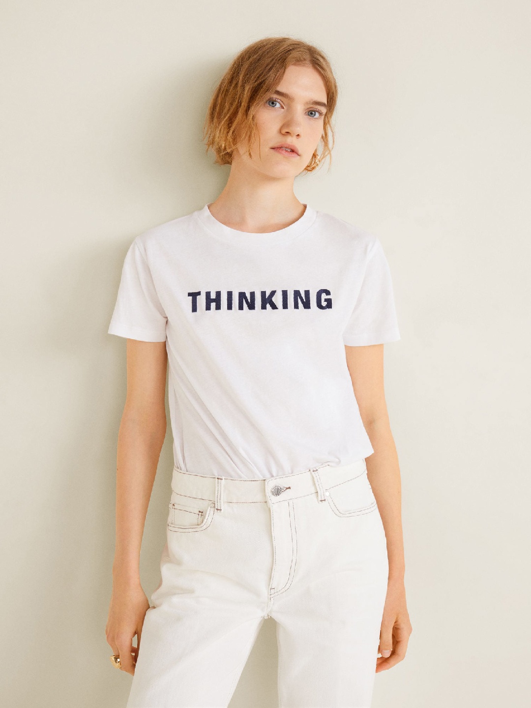 

MANGO Women White Embroidered Round Neck Organic Cotton T-shirt