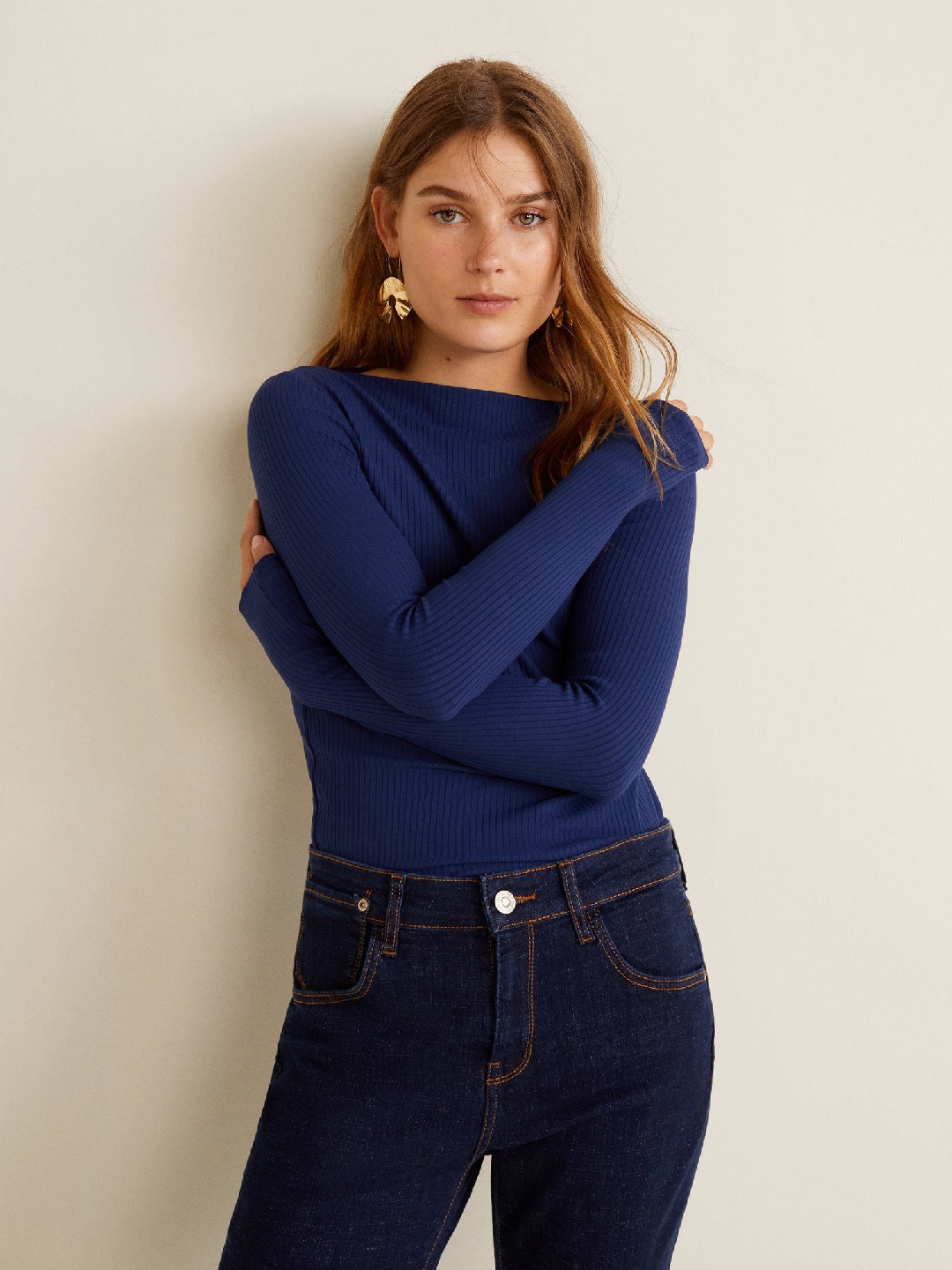 

MANGO Women Navy Blue Self Striped Fitted Top