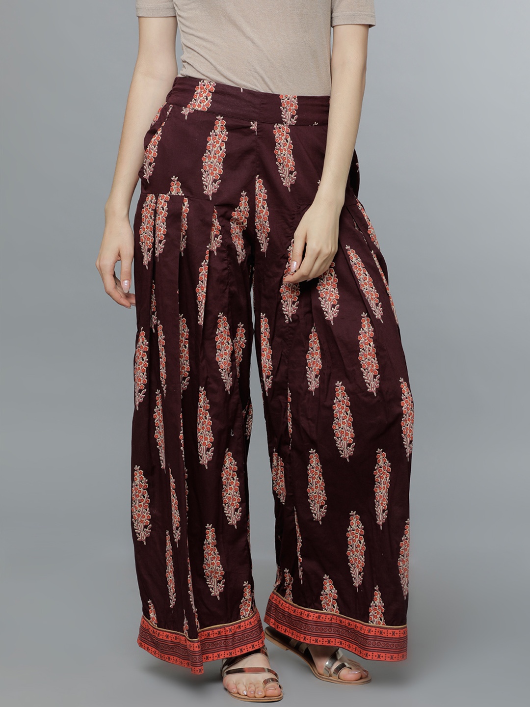 

Vishudh Women Burgundy & Orange Printed Straight Palazzos
