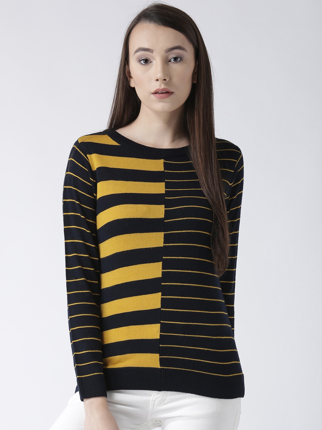 

Club York Women Navy Blue & Yellow Striped Pullover