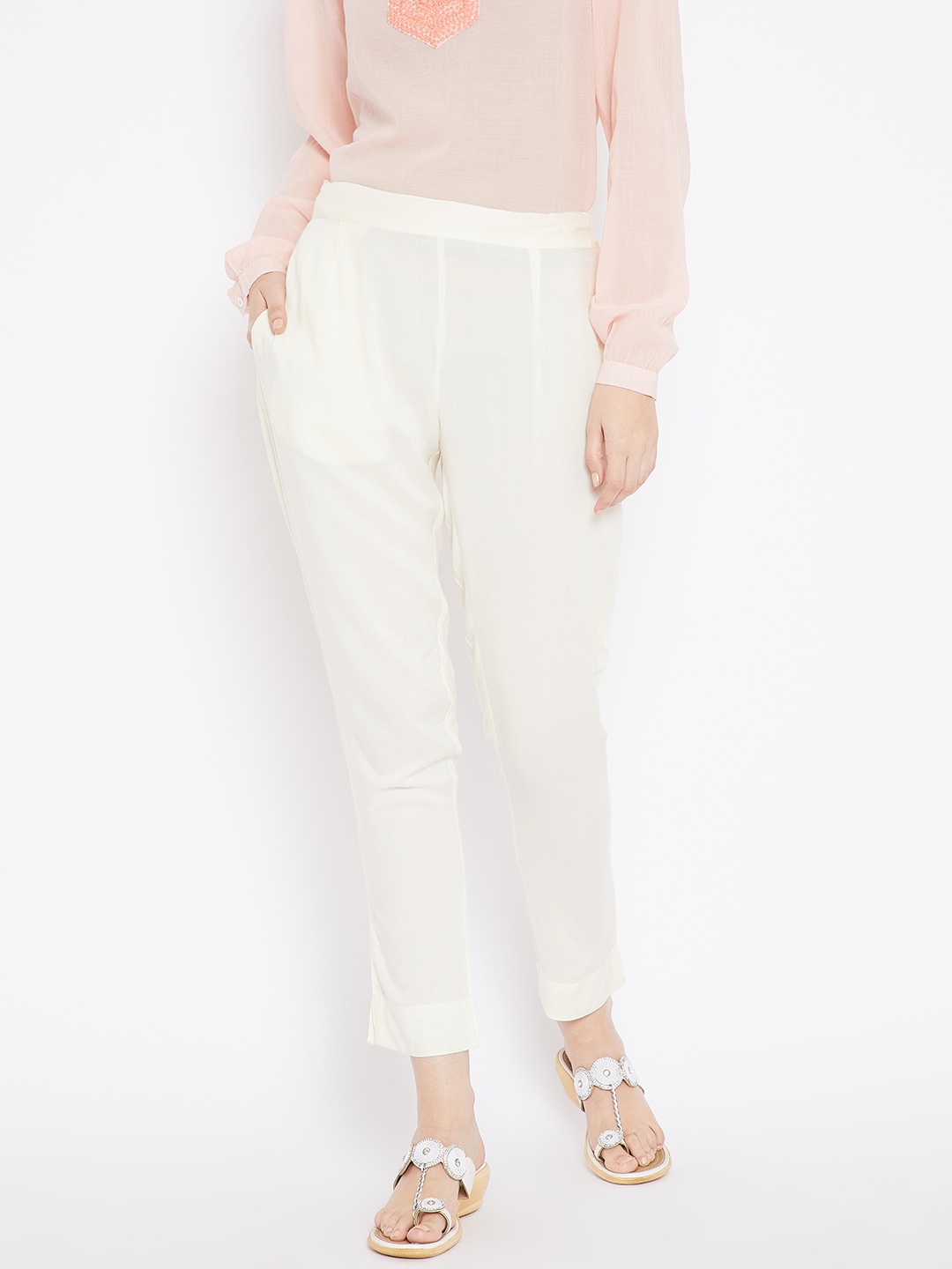 

Aujjessa Women Off-White Regular Fit Solid Trousers