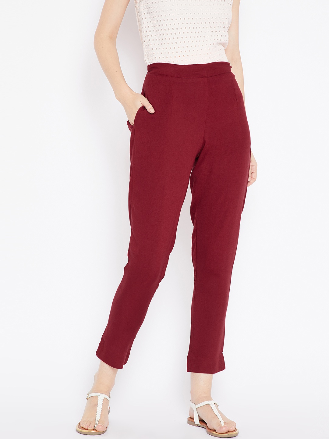 

Aujjessa Women Maroon Regular Fit Solid Cropped Peg Trousers