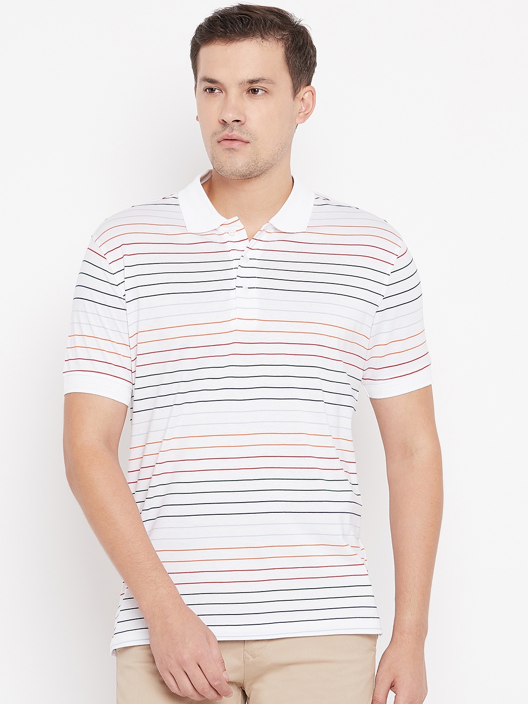 

Wills Lifestyle Men White Striped Polo Collar T-shirt
