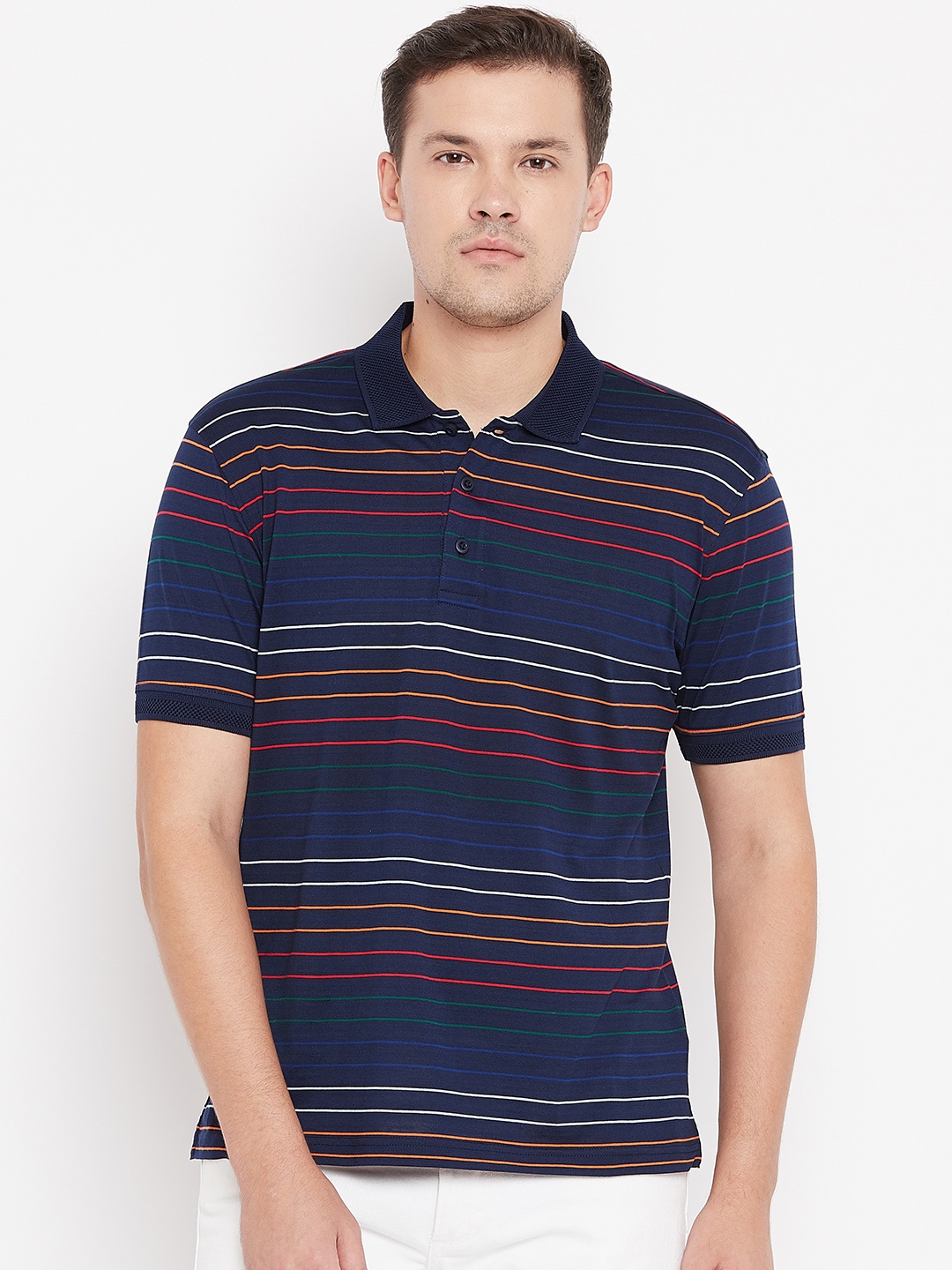 

Wills Lifestyle Men Navy Blue Striped Polo Collar T-shirt