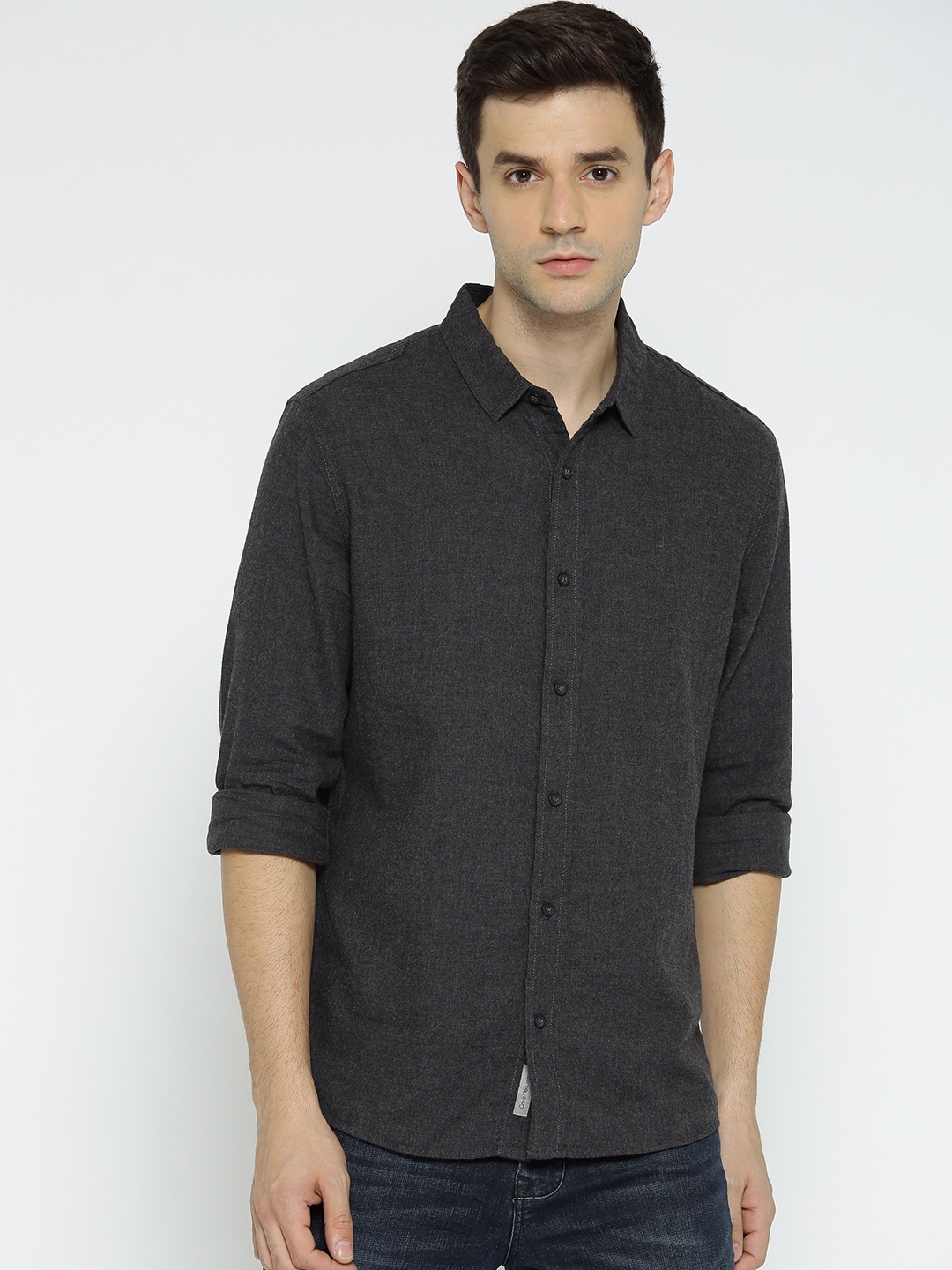 

Calvin Klein Jeans Men Charcoal Grey Slim Fit Solid Casual Shirt