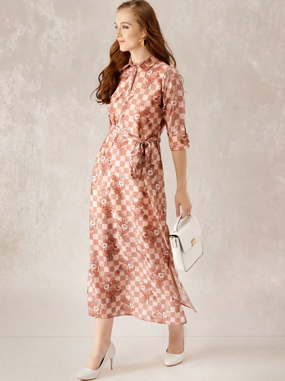 

Libas Women Brown & Peach-Coloured Checked Printed Maxi Dress