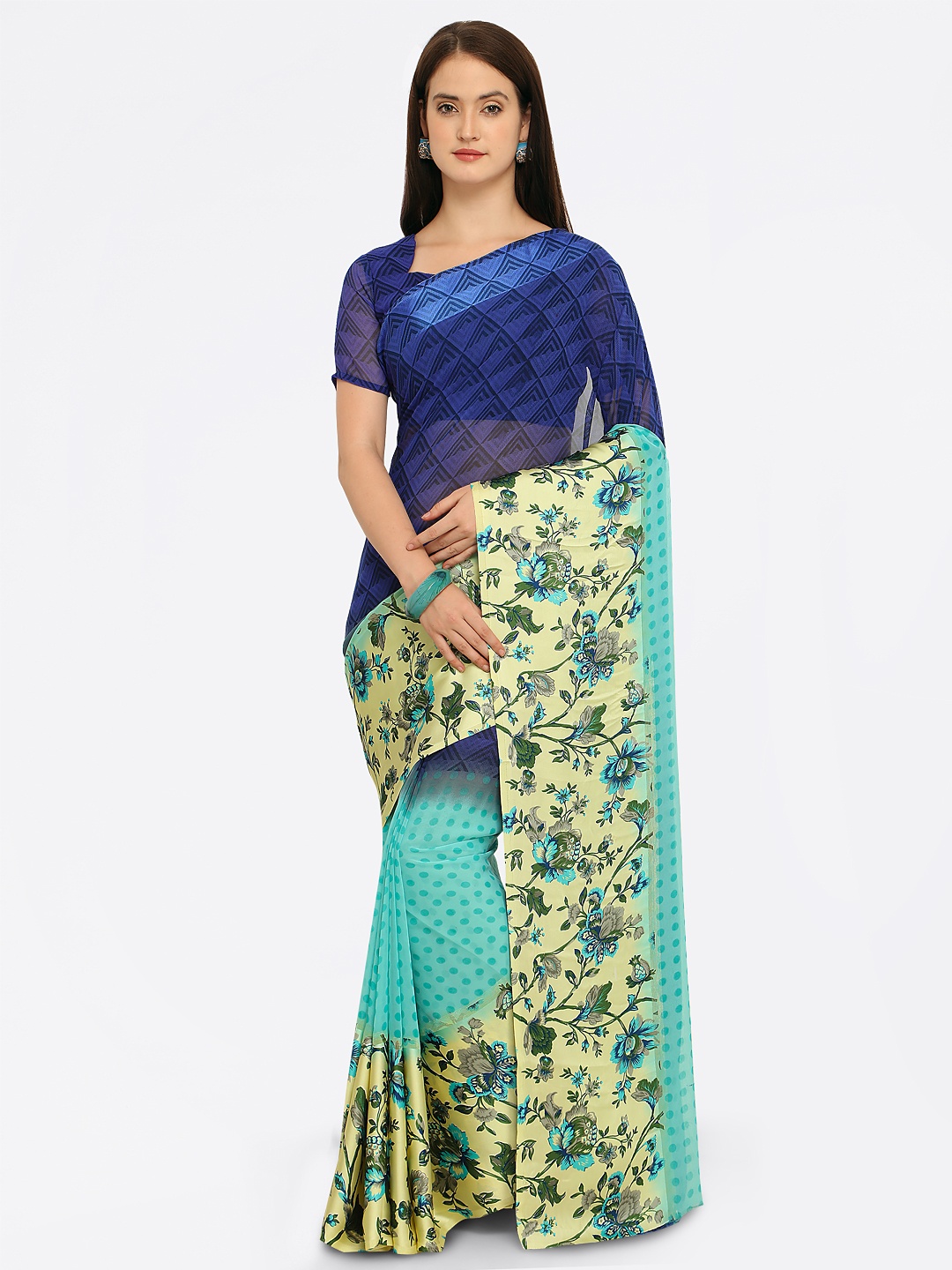 Mitera Blue Printed Satin Saree