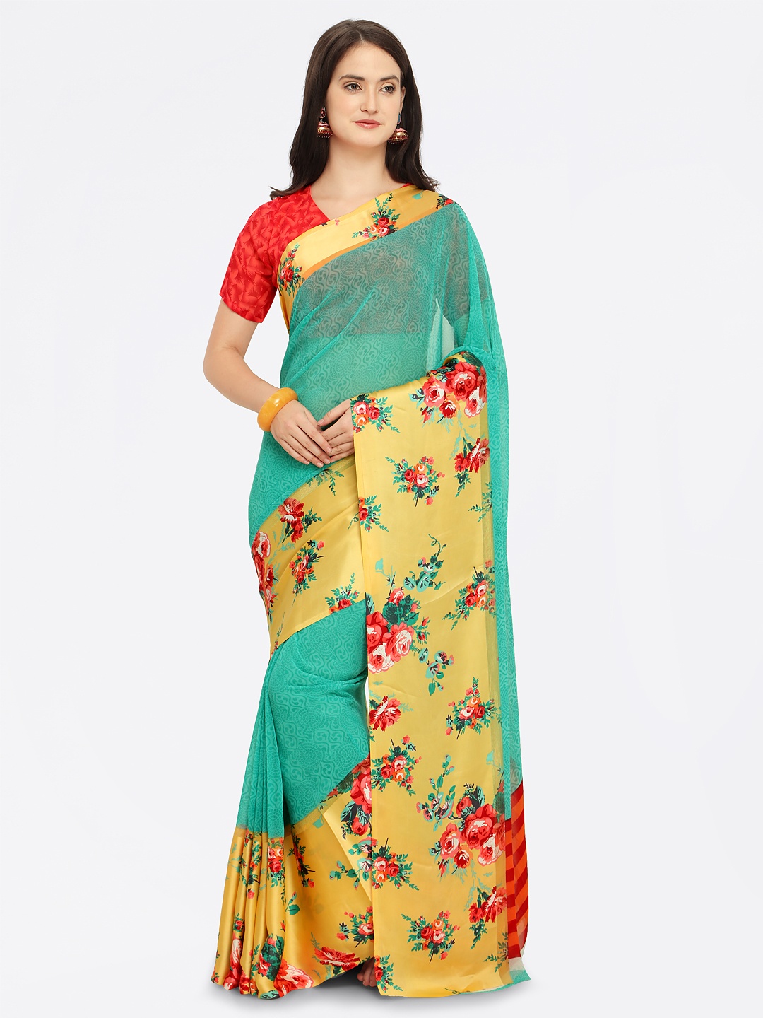 

Shaily Turquoise Blue & Beige Satin Printed Saree
