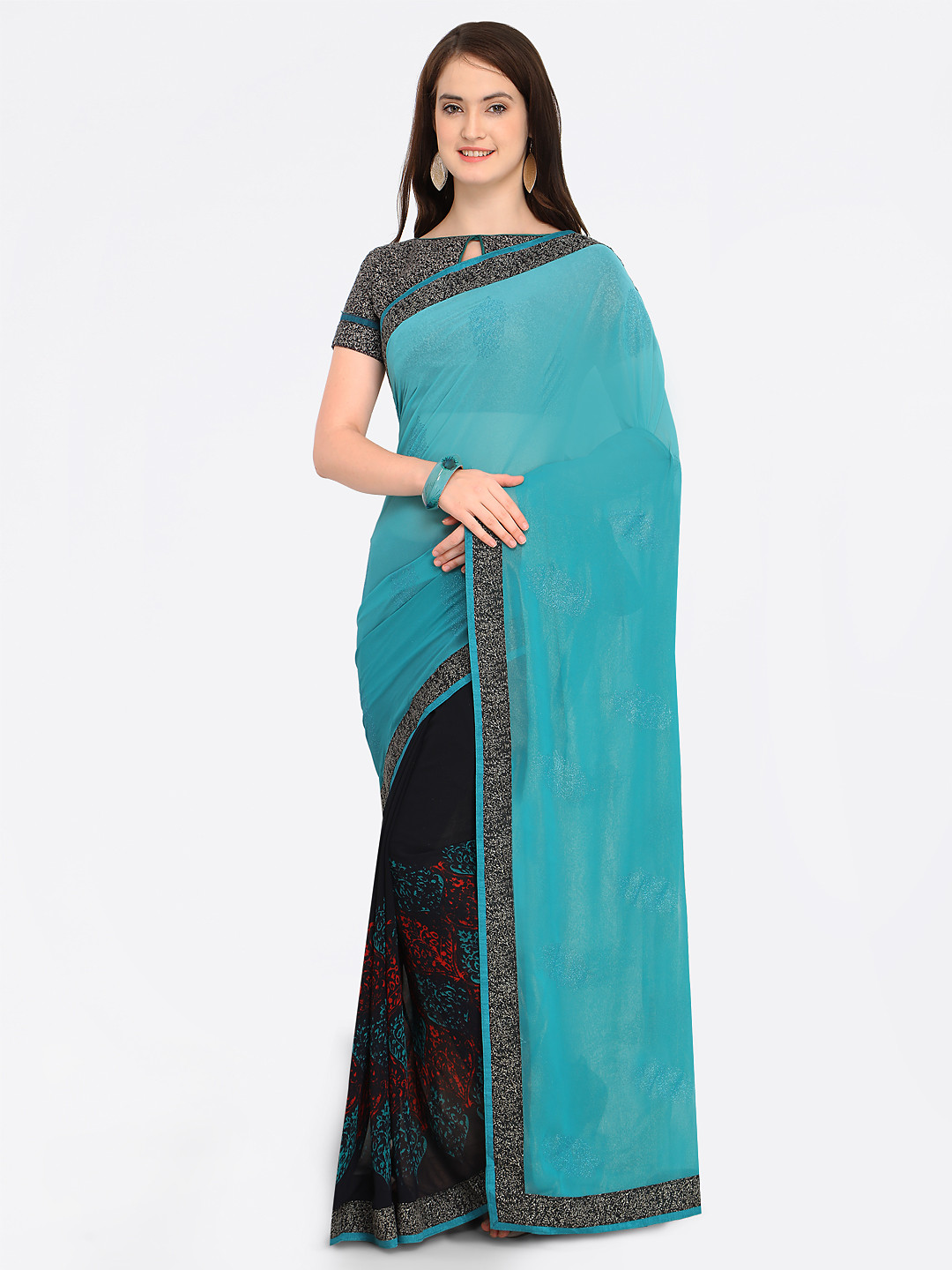 

Shaily Blue Printed Pure Georgette Half and Half Saree