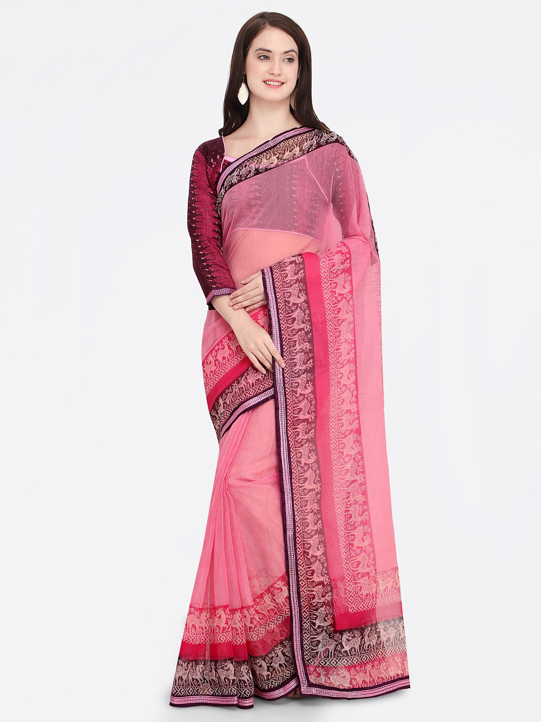 

Shaily Pink & Purple Cotton Blend Embroidered Saree