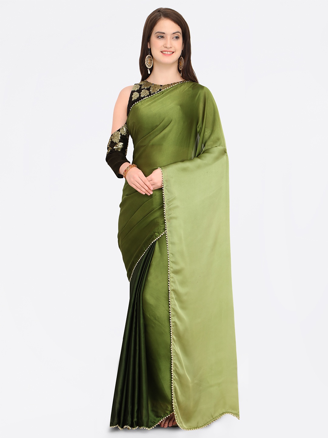 

Shaily Green Solid Satin Saree