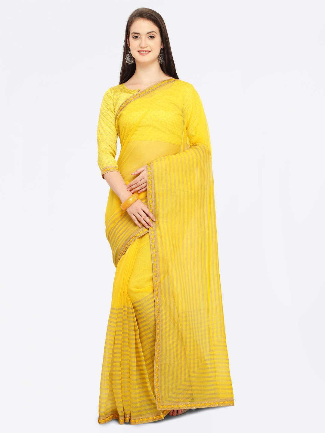 

Shaily Yellow & Beige Cotton Blend Printed Saree