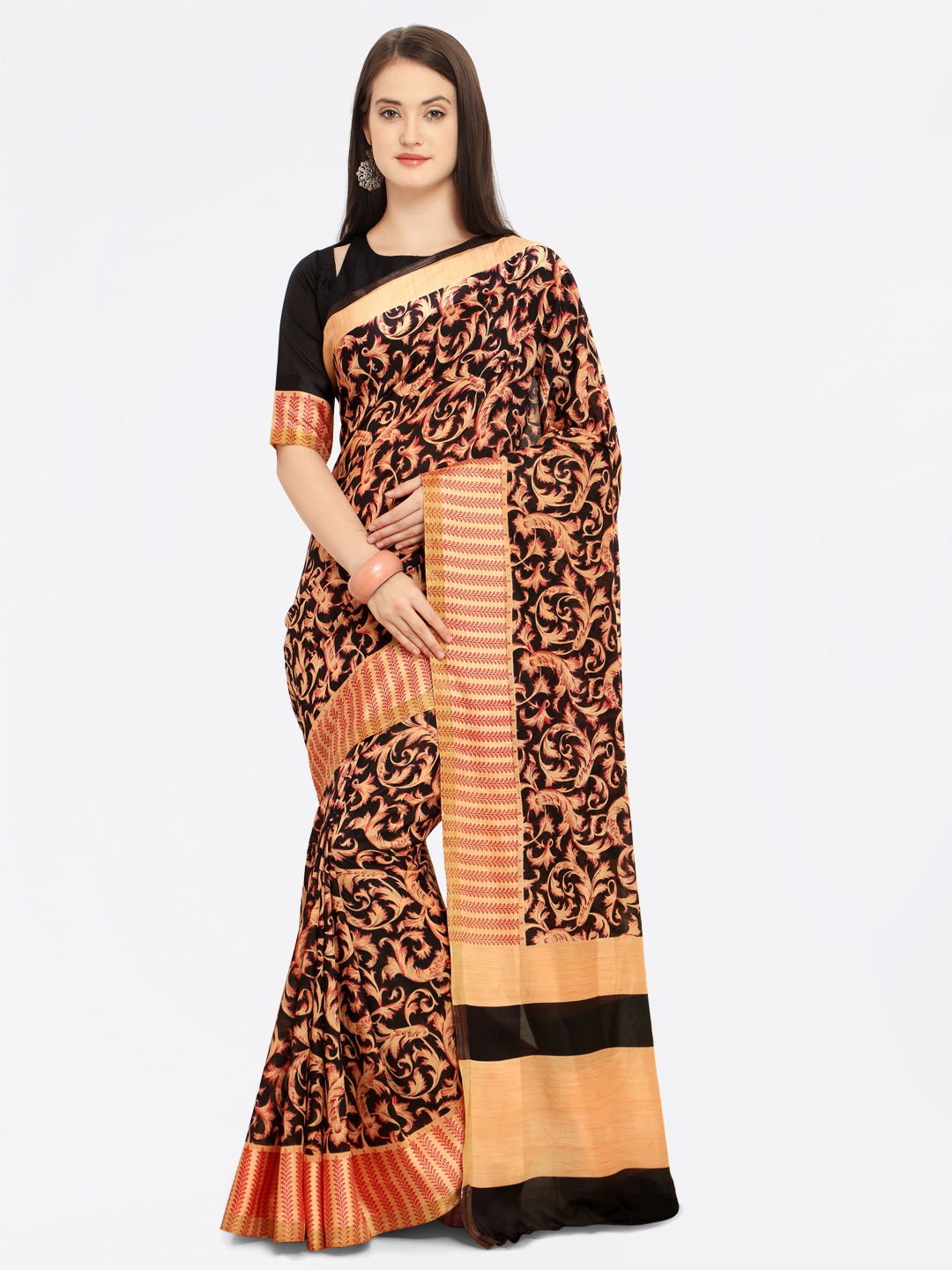 

Shaily Peach-Coloured & Black Satin Printed Saree