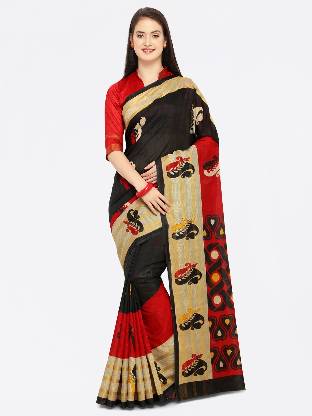 

Shaily Black & Red Satin Printed Saree