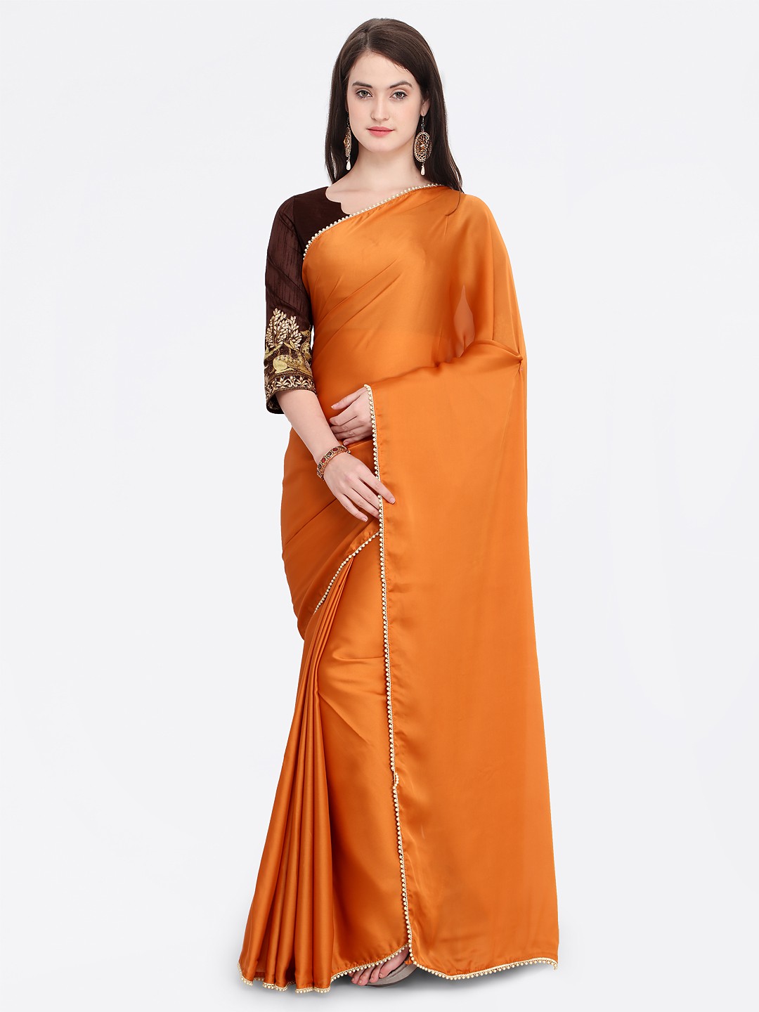 

Shaily Orange Solid Satin Saree