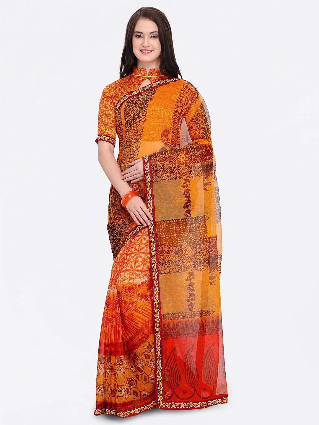 

Shaily Orange & Yellow Cotton Blend Printed Saree