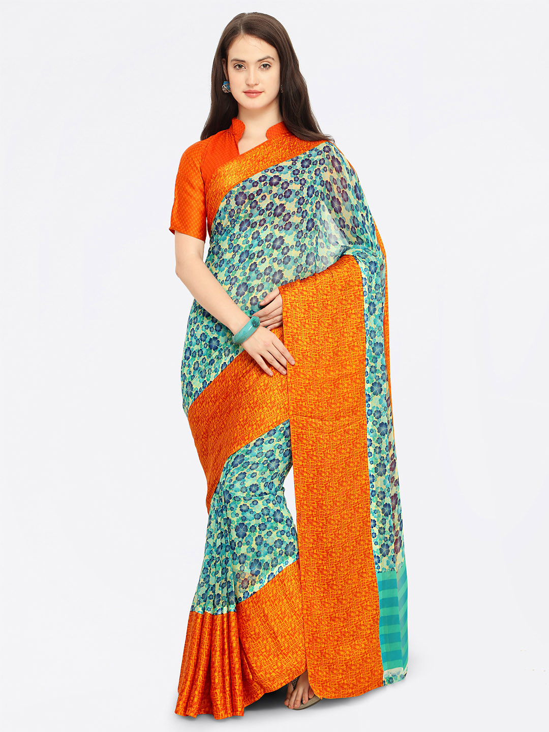

Shaily Blue & Orange Satin Printed Saree