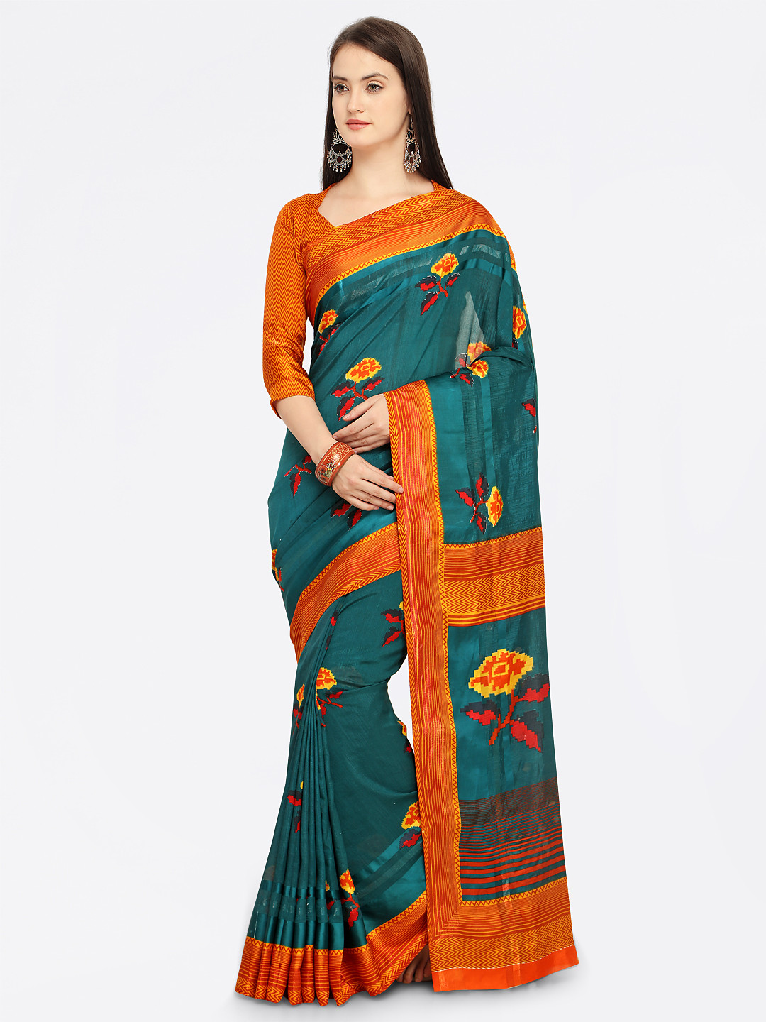 

Shaily Teal Printed Satin Saree