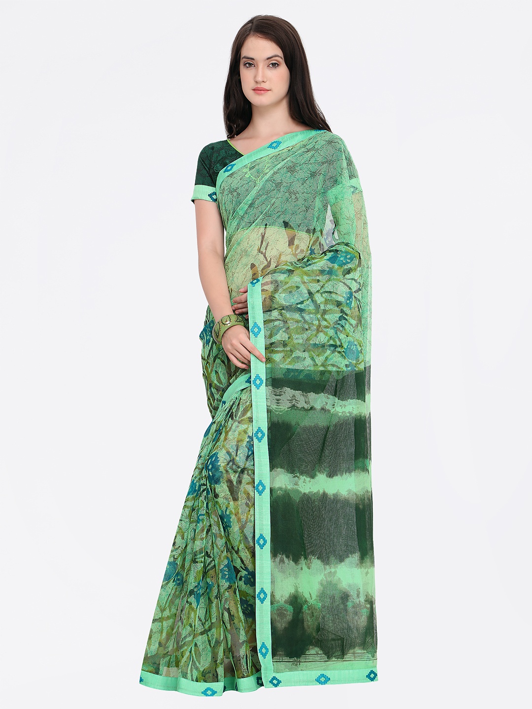 

KALINI Green Printed Cotton Blend Saree