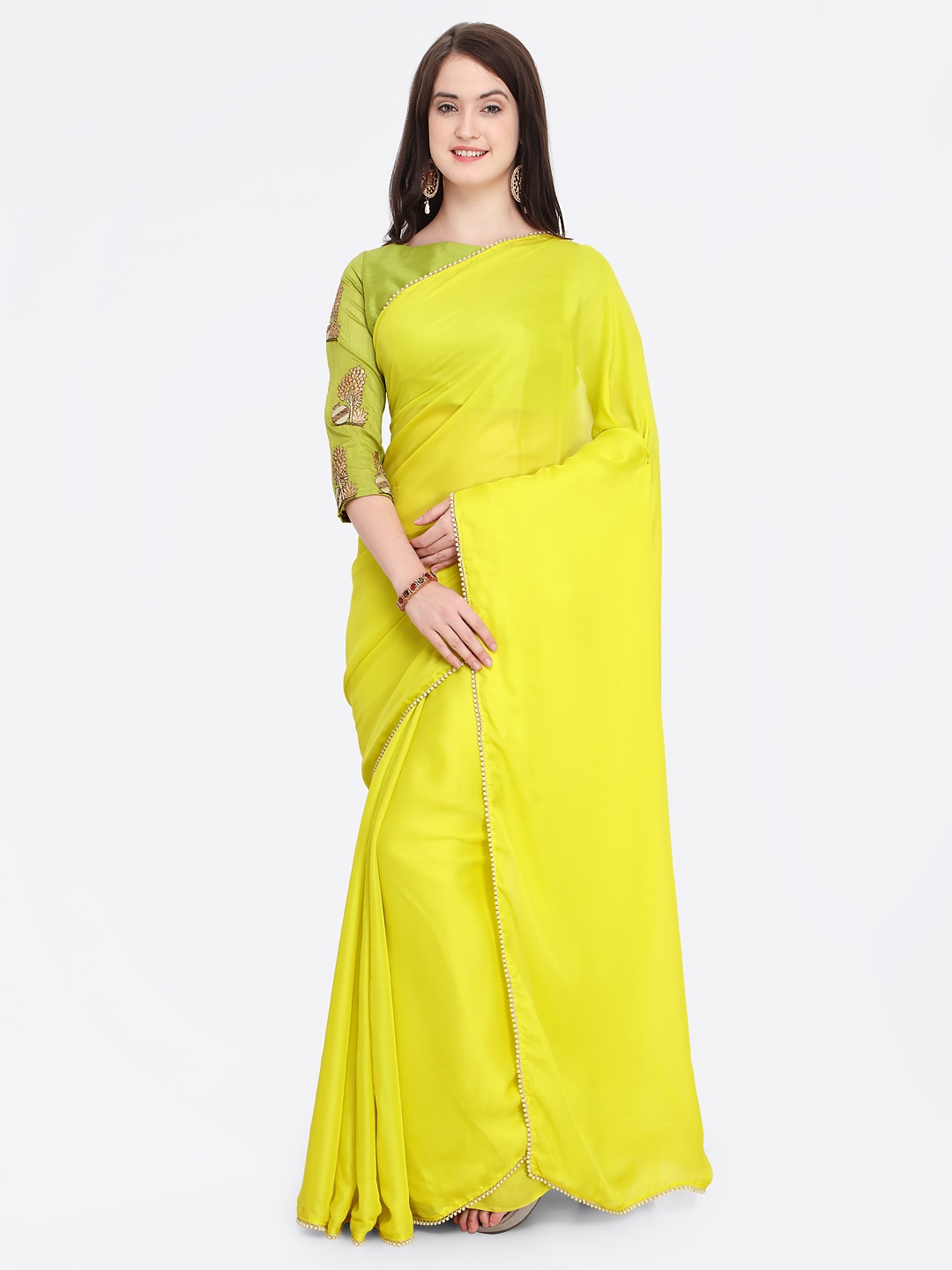 

Shaily Lime Green Embellished Satin Saree