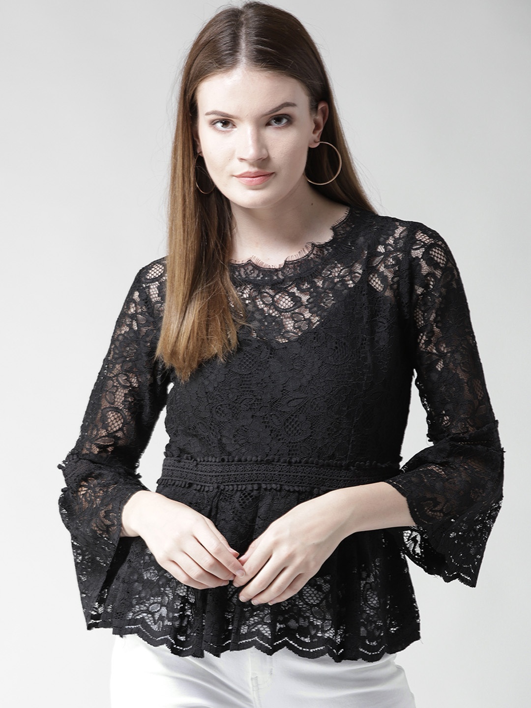 

WoowZerz Women Black Lace Sheer Peplum Top
