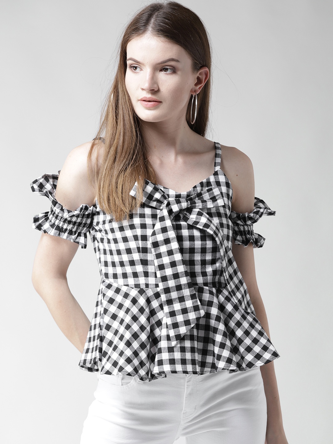 

WoowZerz Women Black & White Checked Cold Shoulder Peplum Pure Cotton Top
