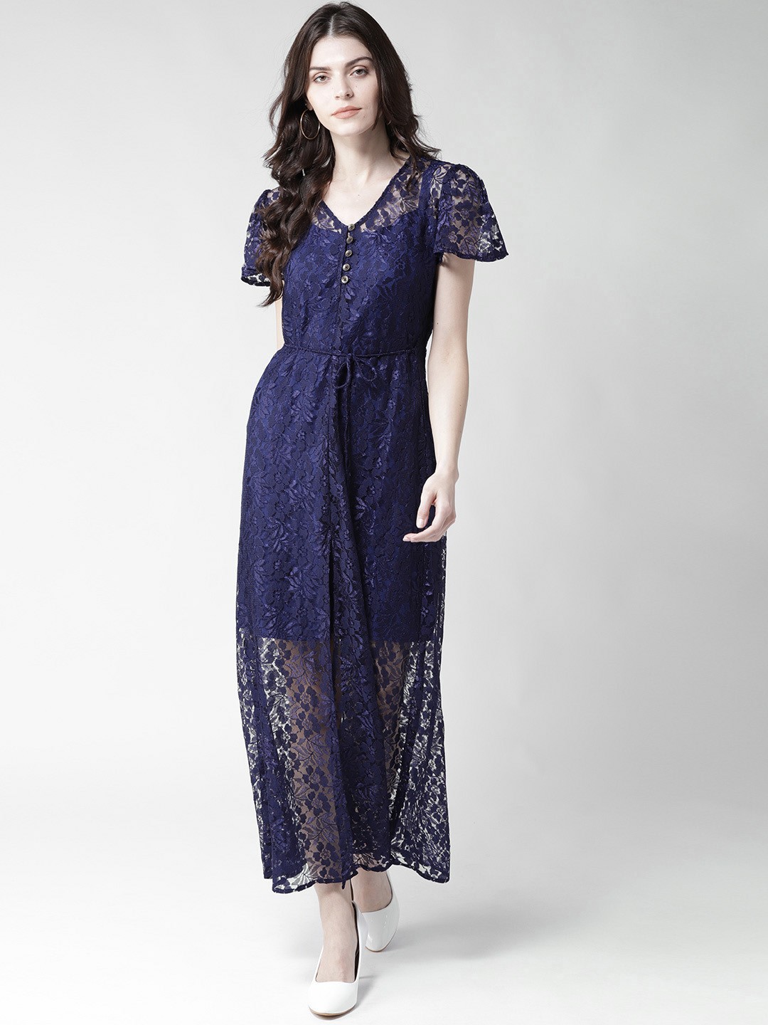 

WoowZerz Women Navy Blue Lace Maxi Dress
