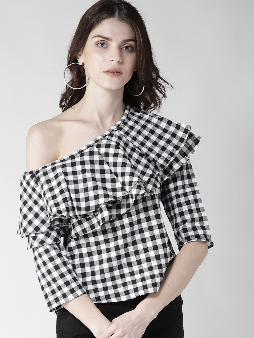 

WoowZerz Women Black & White Ruffled One Shoulder Checked Pure Cotton Top