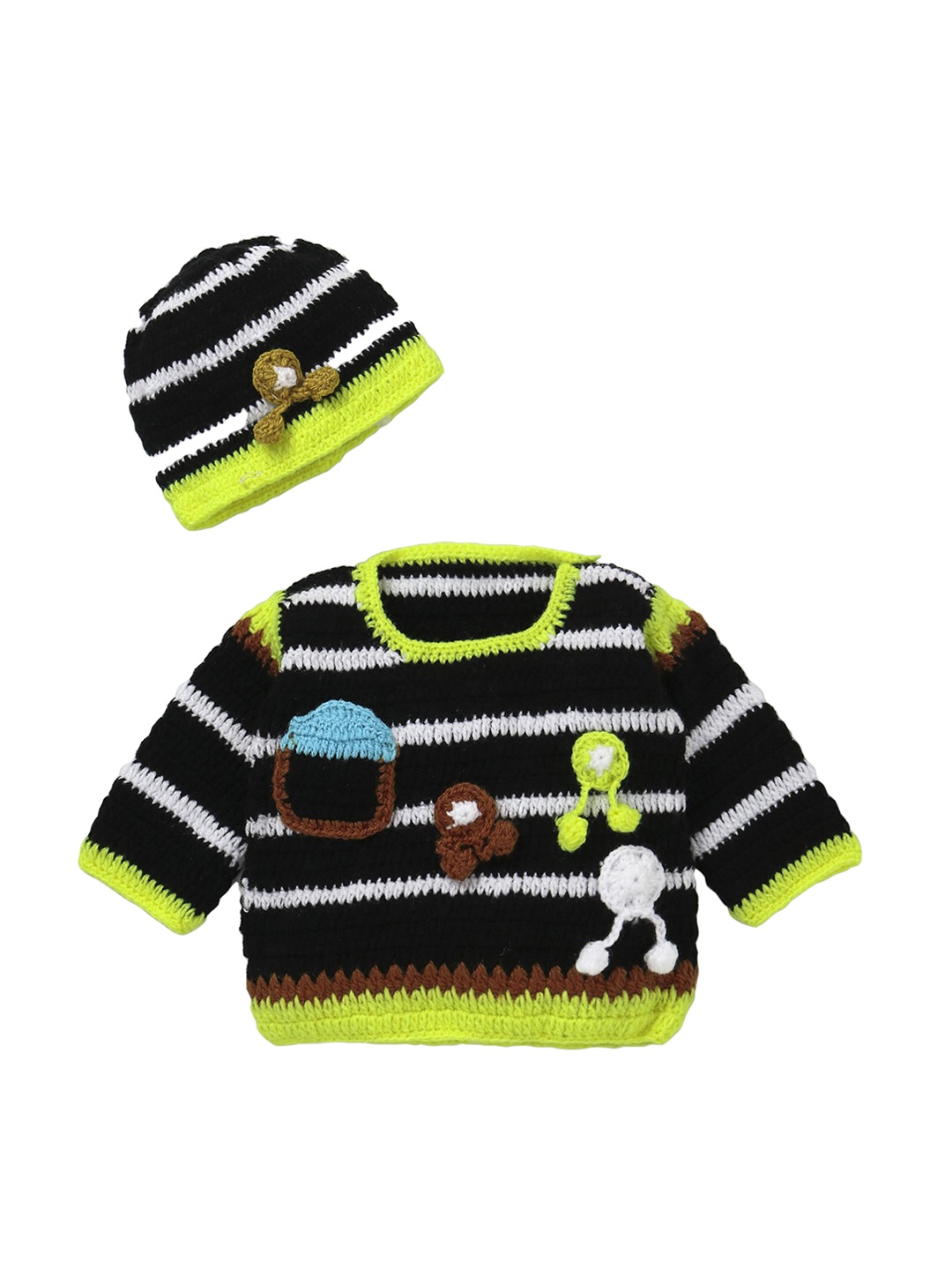 

CHUTPUT Unisex Black & Green Striped Wool Pullover with a Beanie Cap