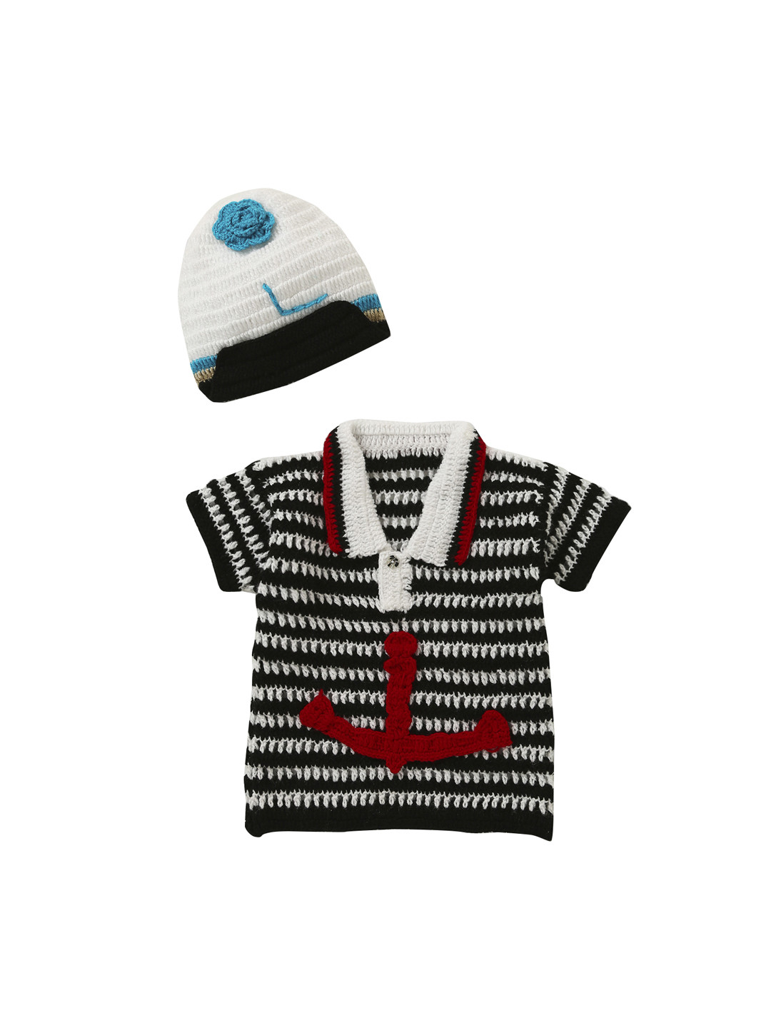 

CHUTPUT Unisex Black & White Striped Wool Pullover with a Beanie Cap