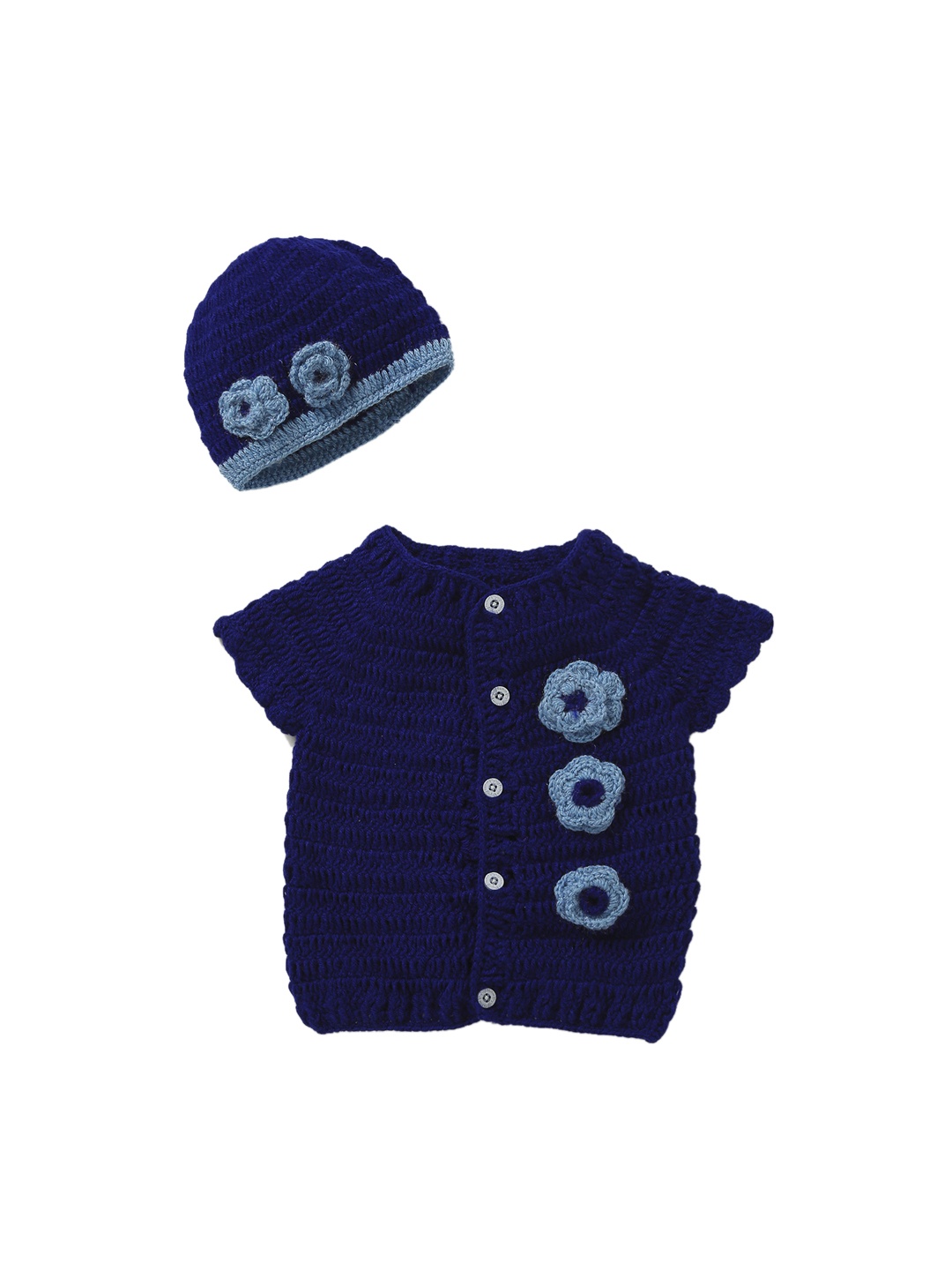 

CHUTPUT Unisex Navy Blue & Blue Solid Cardigan with a Beanie Cap