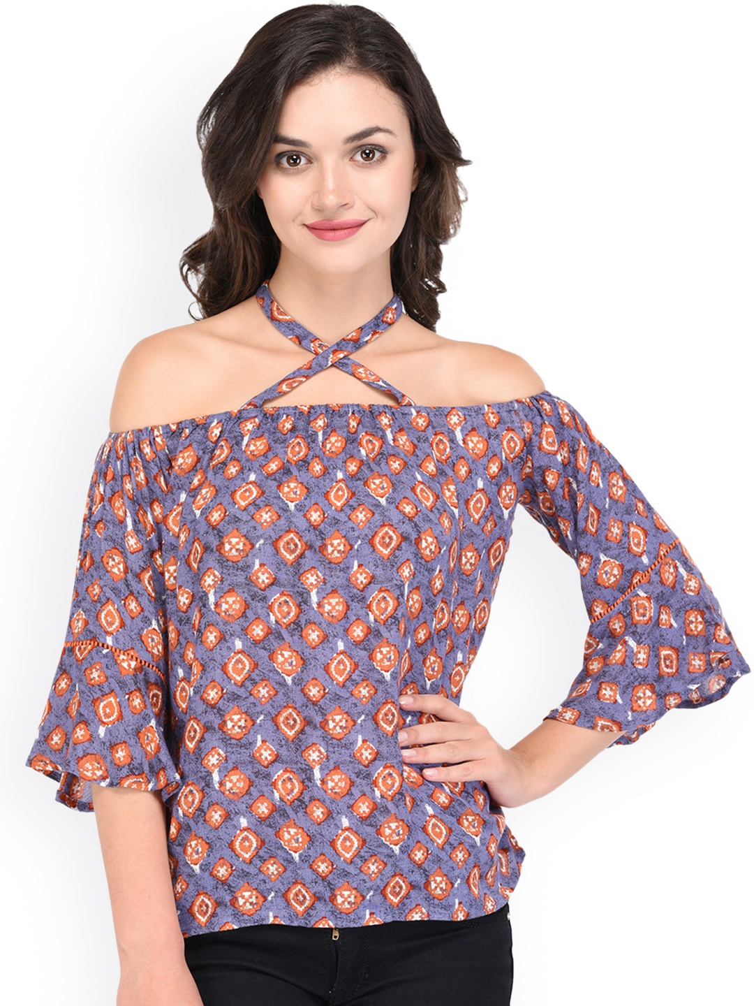 

PURYS Women Lavender & Orange Printed Bardot Top