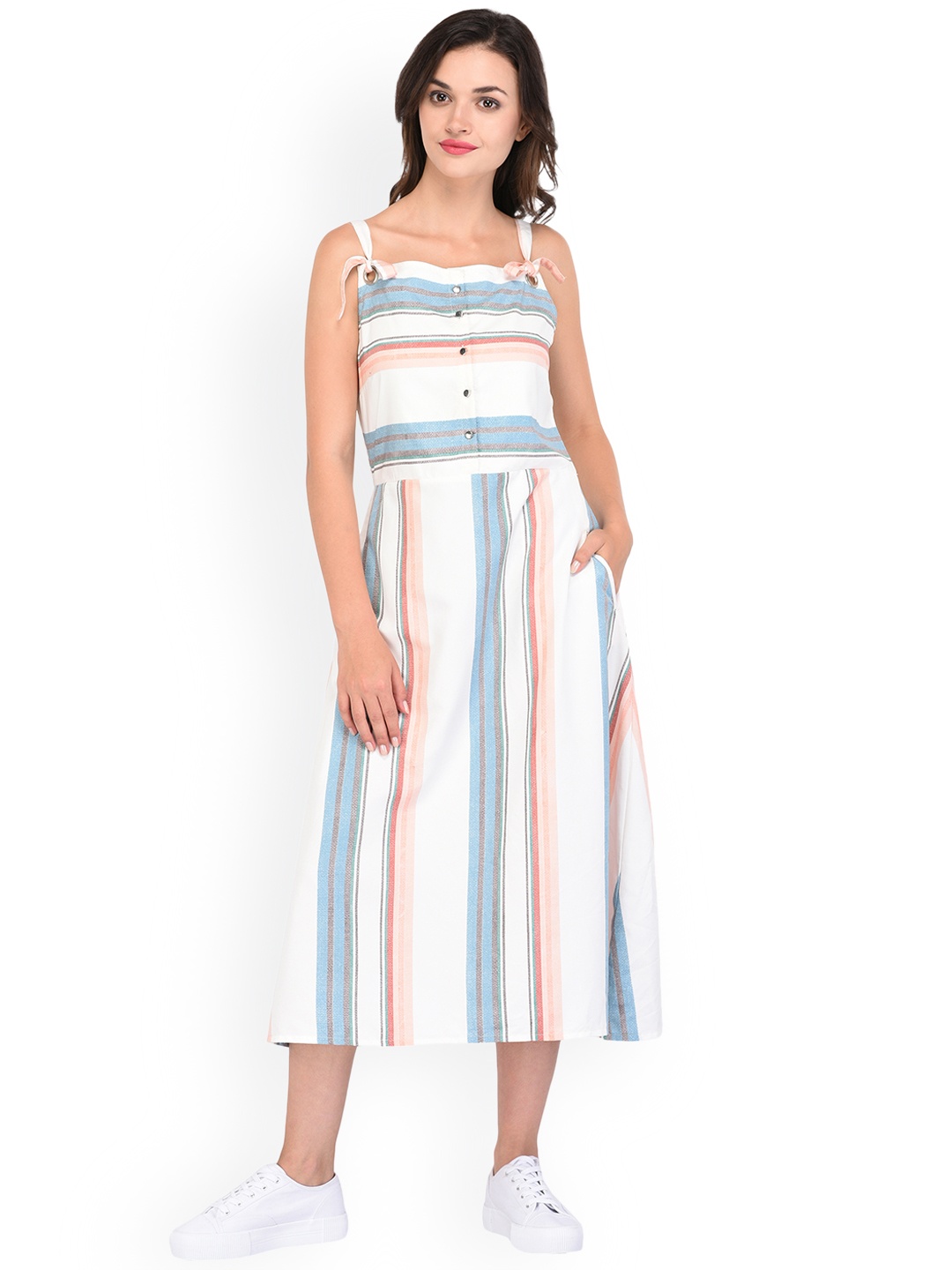 

PURYS Women White Striped Fit and Flare Dress