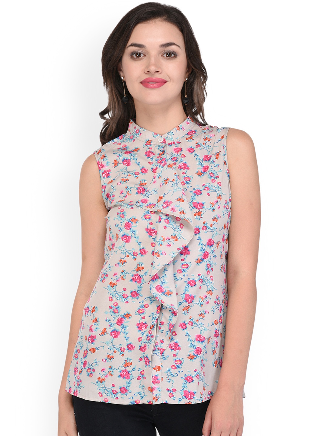 

PURYS Women Grey & Pink Printed Top