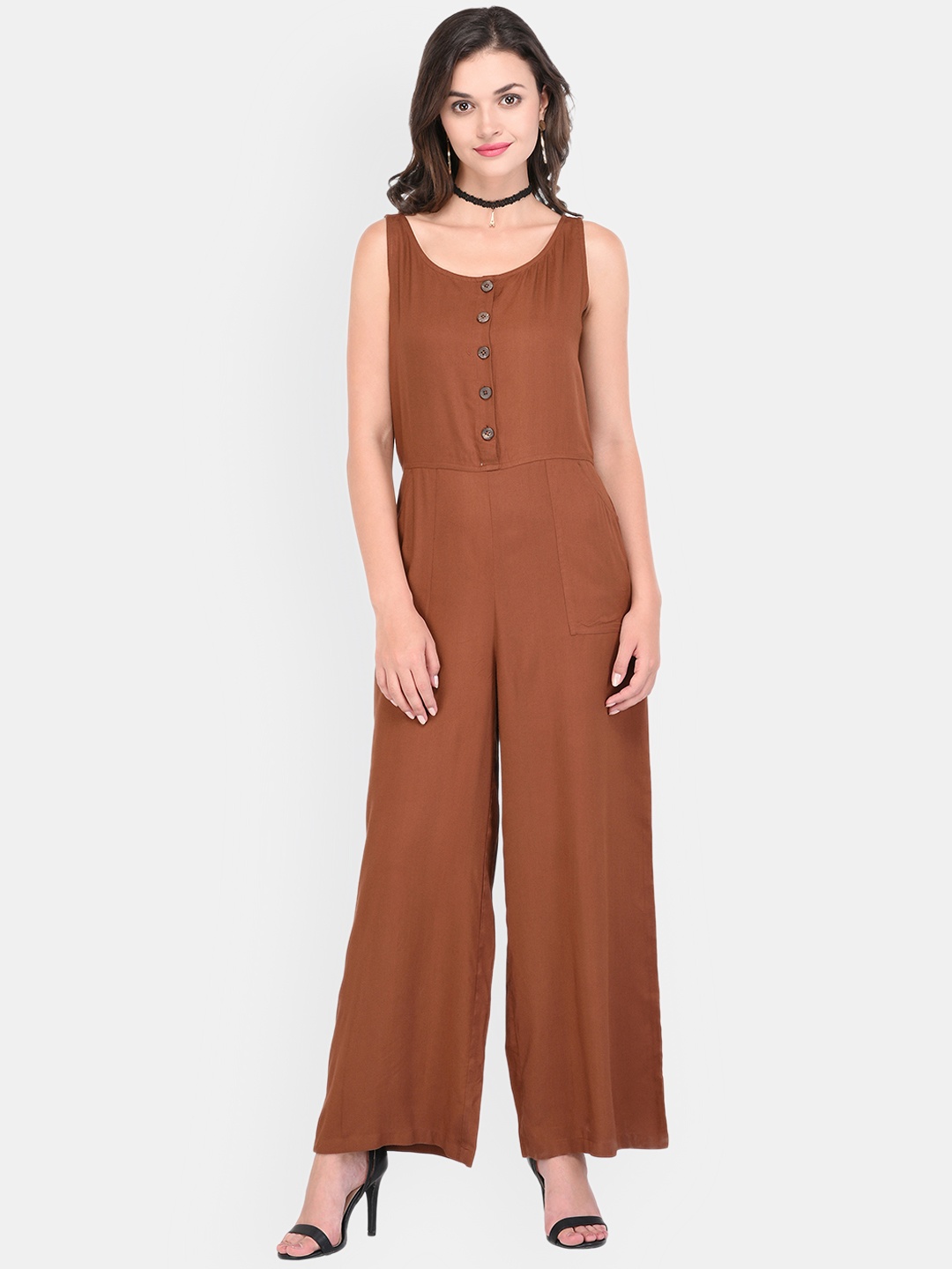 

PURYS Brown Solid Basic Jumpsuit