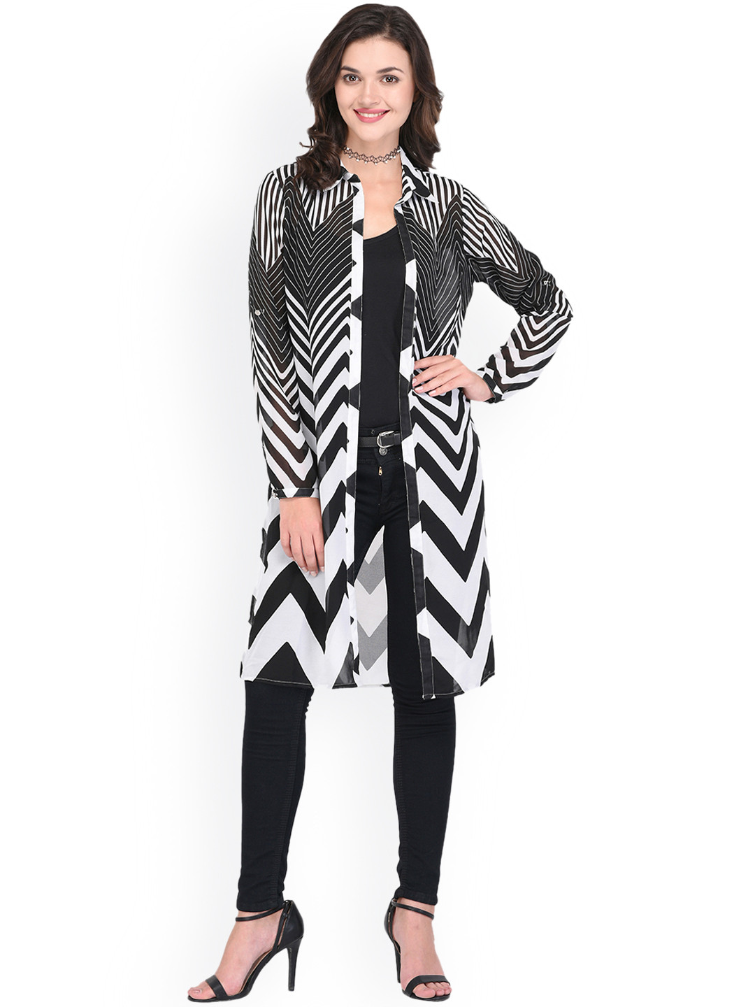 

PURYS White & Black Printed Open Front Shrug