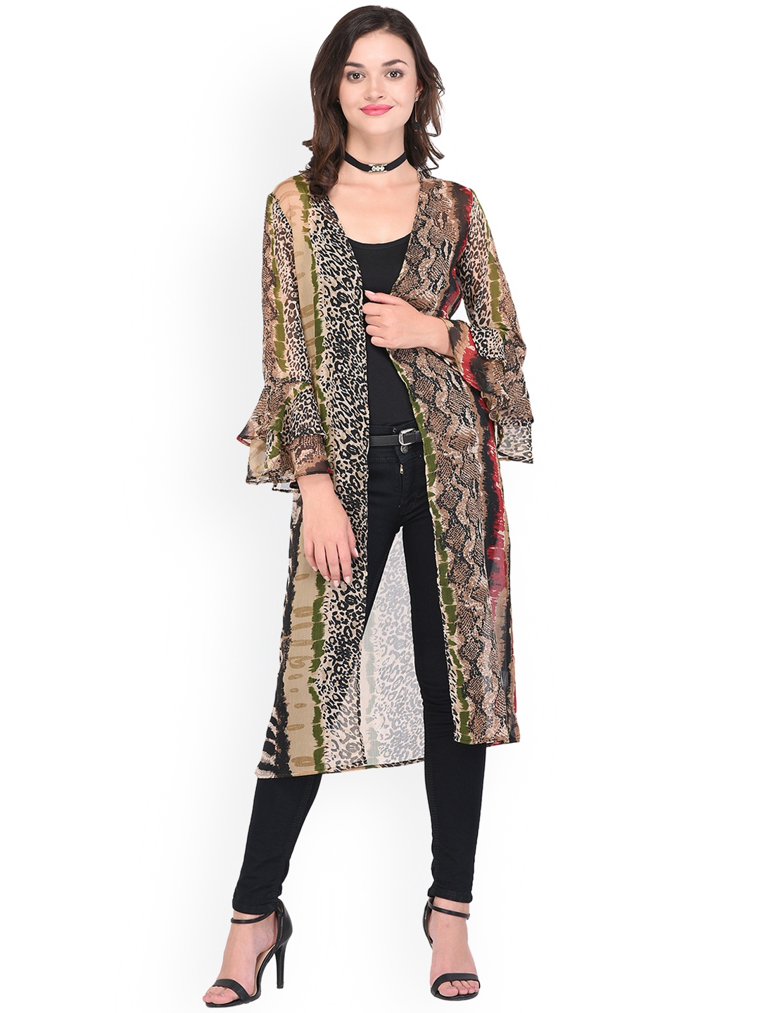 

PURYS Brown & Black Printed Open Front Shrug