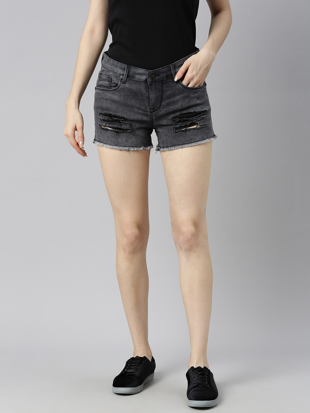 

HERE&NOW Women Grey Solid Regular Fit Distressed Denim Shorts