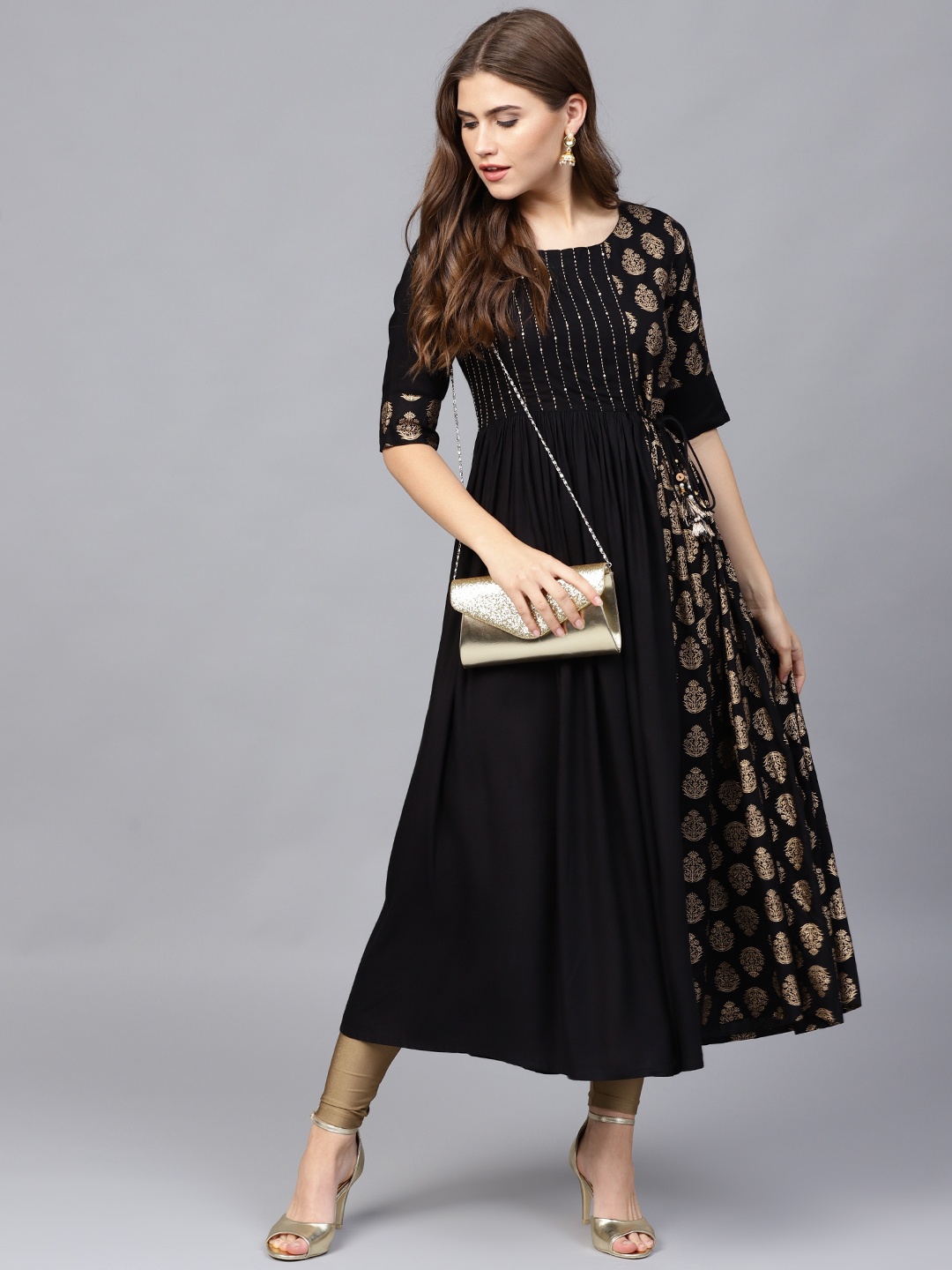 

Varanga Women Black & Golden Ethnic Foil Print Sequinned Pleated A-Line Kurta