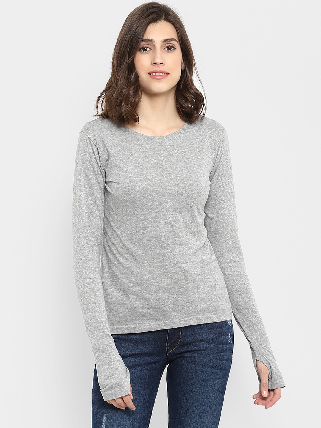 

appulse Women Grey Solid Round Neck T-shirt