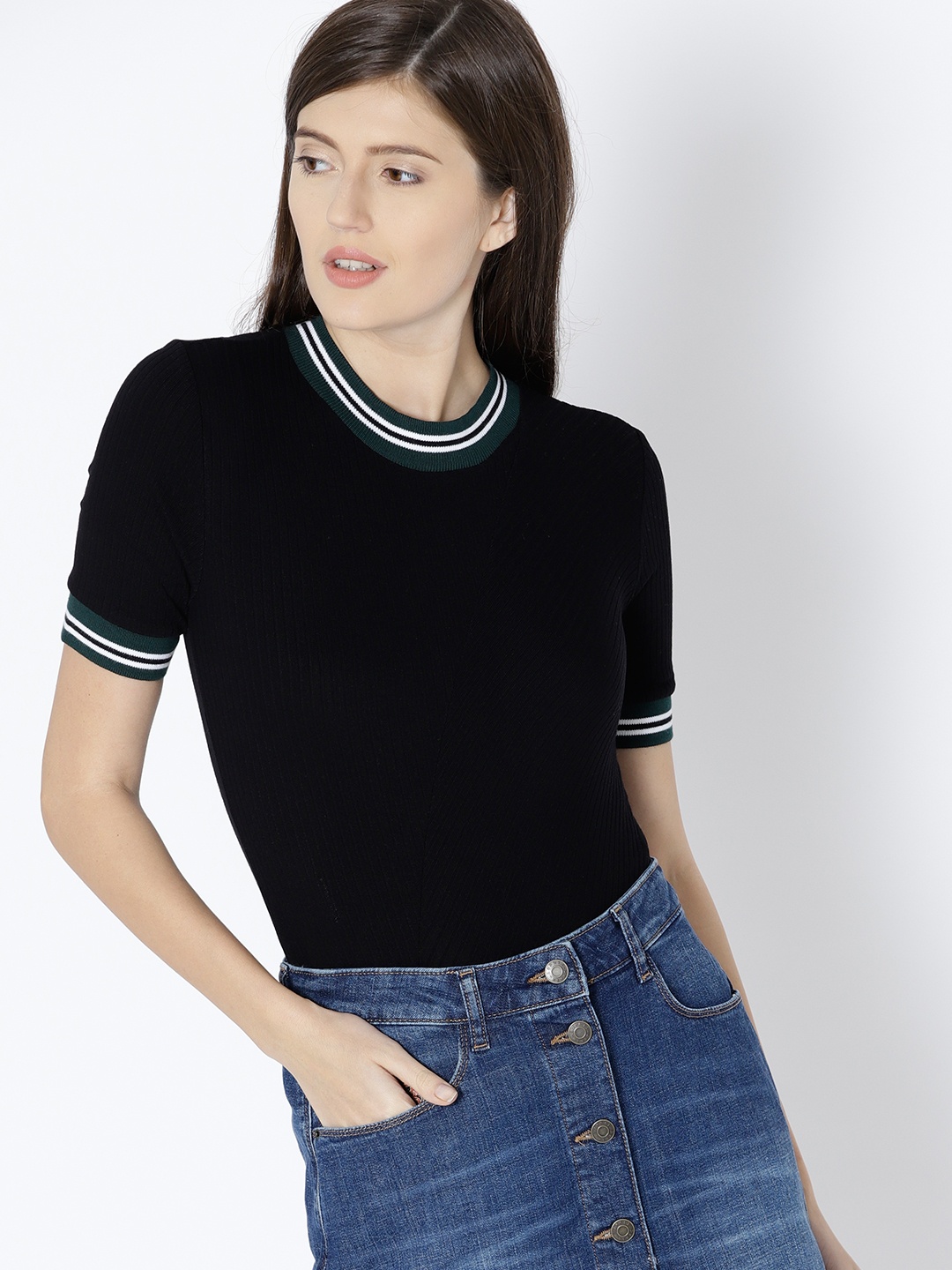 

MANGO Black Self-Striped Bodysuit