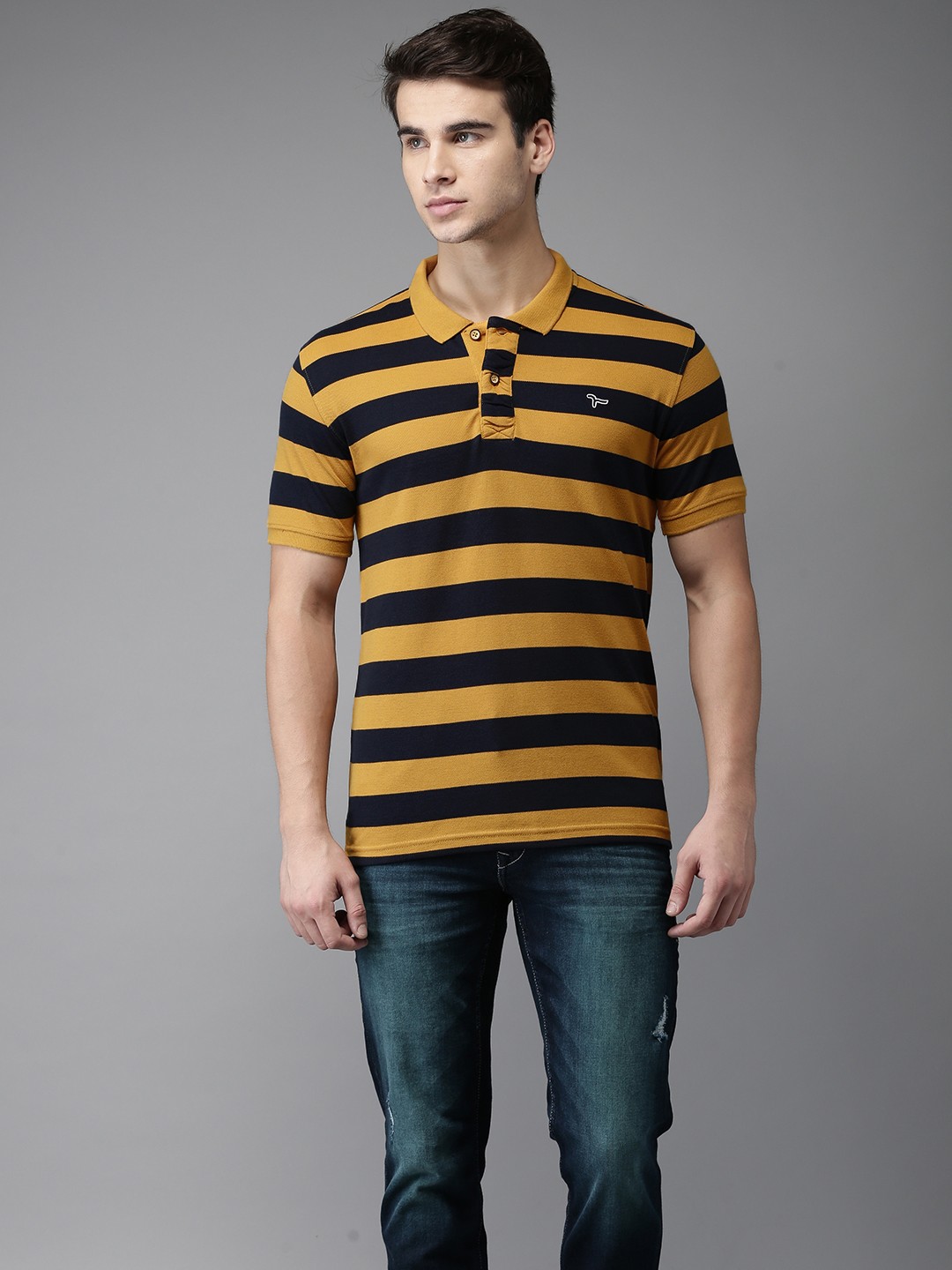 

Flying Machine Men Yellow & Navy Striped Polo T-shirt
